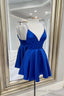 Blue V Neck Satin Short Prom Dress,A Line Cocktail Dresses Short Formal