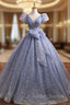Blue V Neck Shiny Tulle Long Prom Dresses A Line Short Sleeve Prom Dresses