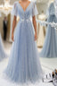Blue v neck tulle beads long prom dress, blue tulle formal dress