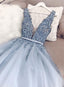 Blue V Neck Tulle Beads Long Prom Dress, Evening Dress