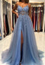 Blue V-Neck Tulle Beading Long Prom Dress Blue Graduation Dress