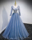 Blue V Neck Tulle Lace Long Prom Dress, Blue Prom Dress with Sequin Beading