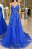 Blue V Neck Tulle Lace Long Prom Dress, Blue Tulle Prom Dress