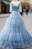 Blue V Neck Tulle Long Prom Dress, A Line Prom Prom Dress