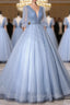 Blue V Neck Tulle Long Prom Dress, A Line Formal Prom Dress