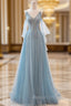 Blue V Neck Tulle Long Prom Dresses A Line Spaghetti Strap Prom Dresses