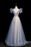 Blue V Neck Tulle Prom Dresses Long with Beaded Elegant A Line Prom Dresses
