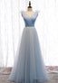 Blue V-Neck Tulle Long Prom Dresses, A-Line Evening Dresses