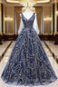 Blue V Neckline Lace Tulle Floor Length Prom Dress, Blue Prom Dress Formal Dress