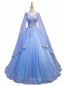 Blue V Neckline Prom Dresses with Long Sleeves Lace Applique Prom Dresses For Teen