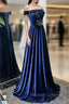 Blue Velvet Beaded Elegant Off Shoulder Prom Dress, Blue Long Prom Dress