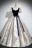 Blue Velvet Floor-Length Printing Prom Dress A-Line Short Sleeve Prom Dress