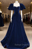 Blue Velvet Floor Length Prom Dress, Elegant Short Sleeve Prom Prom Dress
