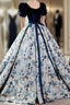 Blue Velvet Floral Long Ball Gowns, A Line Short Sleeve Formal Prom Dress