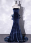 Blue Velvet Mermaid Straps Low Back Party Dress With Bow, Blue Long Evening Dress