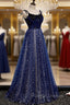 Blue Velvet Tulle Long A Line Prom Dress, Blue Spaghetti Straps Prom Dress