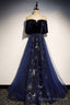Blue Velvet Tulle Long Prom Dress, A-Line Blue Evening Party Dress