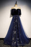 Blue Velvet Tulle Long Prom Dress, A Line Blue Prom Prom Dress