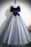 Blue Velvet Tulle Long Prom Dresses A-Line Short Sleeve Prom Dresses
