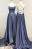 Blue A Line Backless Long Prom Dresses, Blue Prom Dresses