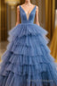Blue V Neck Tiered Sleeveless Tulle Prom Dress, Gorgeous Long Party Dress