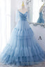 A Line V Neck New Style Tiered Long Tulle Prom Dresses Prom Gown with Flower