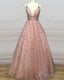 Blush Pink Ball Gown V-Neck Prom Dresses With Gold Stars