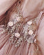 Blush Pink Tulle Wedding Dress Lace Flowers Embroidery Beaded