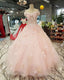 Blush Pink Wedding Dress Ball Gown Off Shoulder With 3D Lace Flowers