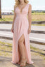 Blush V Neck Chiffon Floor Length Bridesmaid Dress Long Bridesmaid Dresses With Pleated Split