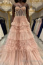 Blushing Pink Tulle Ruffle Layers Lace-Up Back A-Line Prom Dress