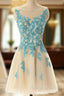 Boat Neck Champagne Tulle Prom Prom Dress with Blue Lace