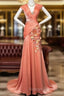 Bright Orange Mermaid V-Neck Satin Beaded Long Prom Dress Sequined Evening Gown