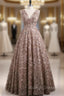 Brown A line Lace V Neckline Long Long Prom Dresses