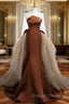 Brown Mermaid Satin Tulle Long Prom Dress, Brown Long Prom Dress