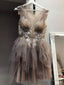 Brown Round Neck Tulle Lace Short Dresses Lace Homecoming Dresses
