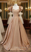 Brown Satin Puff Sleeve Beading Prom Dress
