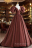 Brown Satin Short Sleeves Long Prom Dress, Brown V Neckline Prom Dress