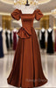 Brown Satin Square Puff Sleeve Bow Prom Dress