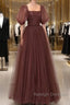 Brown Tulle Floor Length Prom Dresses A-Line Short Sleeve Prom Dresses