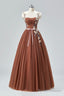 Brown Tulle Lace Long Prom Dress, Beautiful A-Line Spaghetti Strap Evening Party Dress