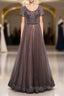 Brown Tulle V Neck Short Sleeve Beading Sequins Prom Dress