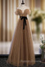 Brown Wave Point Tulle Off the Shoulder Prom Dress