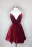Burgundy V Neck Velvet Short Prom Dresses, A Line Prom Dresses