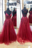 Burgundy Lace Long Prom Dresses, A Line Backless Prom Dresses
