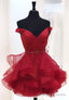 Burgundy V Neck Off the Shoulder Short Prom Dresses
