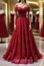 Burgundy A line lace tulle beads long prom dress, burgundy bridesmaid dress
