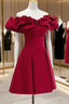 Burgundy A Line Off Shoulder Satin Short Prom Dress, Burgundy Homecoming Dress