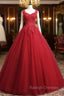 Burgundy A Line Tulle Lace Long Prom Dress, Burgundy Formal Prom Dress