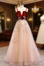 Burgundy A Line Tulle Lace Long Prom Dress Tulle Formal Dress
